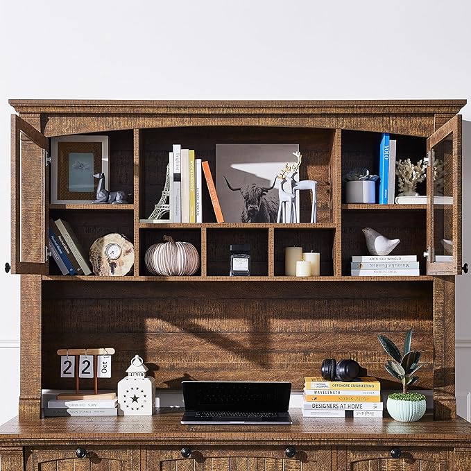OKD 60" Executive Desk with Hutch and Drawers, Farmhouse Home Office Desk with Charging Station, Keyboard Tray, File Cabinet Storage, Wood Computer Desk for Work and Study, Reclaimed Barnwood