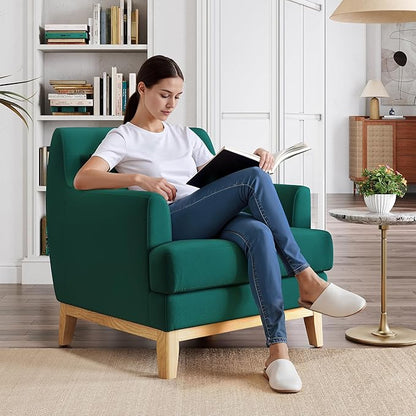 LINSY Accent Chair, Large Reading Chair with Rubberwood Base, Mid Century Modern Armchair with Lumbar Pillow, Cozy Single Sofa Chair for Living Room Bedroom Office Study, Velvet Arm Chair, Green