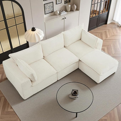 108" Sectional Couches for Living Room Boneless Couch Upholstered Cloud Couch Sectional Modular Sectional Sofa with L Shaped (Corduroy-White, 3 Seat+1 Ottoman)