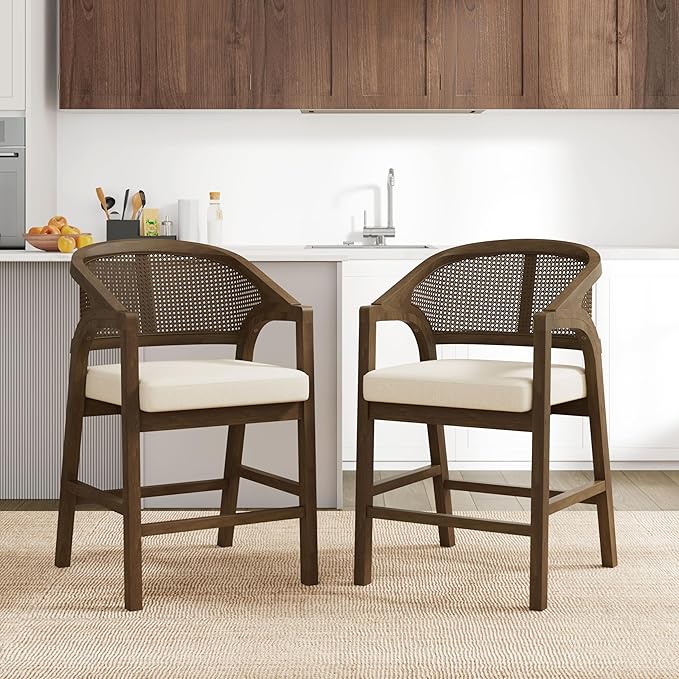 Christopher Knight Home Set of 2 Morley Tropical Wooden Counter Stool,Dining Room/Kitchen Island Barstool with footrest, Curved Backrest,Wicker/Cane Accents,Soft Removable Cushions, Beige+Walnut