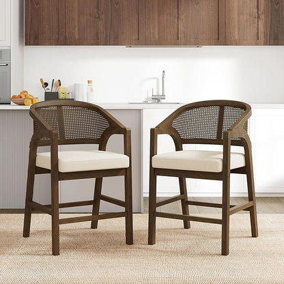 Christopher Knight Home Set of 2 Morley Tropical Wooden Counter Stool,Dining Room/Kitchen Island Barstool with footrest, Curved Backrest,Wicker/Cane Accents,Soft Removable Cushions, Beige+Walnut