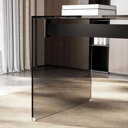 53.14" Modern Tempered Glass Executive Desk with Drawer, Black Wood Finish and Tempered Glass Legs – Minimalist Stylish Workstation Table for Home Office
