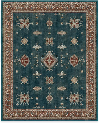 RUGGABLE Washable Vintage Area Rug – Verena Teal Blue 8x10, Stain-Resistant, Non-Slip – Large Machine Washable Rugs for Living Room, Bedroom, Hallway, Entryway & Office–with Cushioned Pad