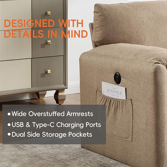 Oversized Accent Chair Mid-Century Modern Armchair for Living Room,USB and Type-C Ports,Comfy Reading Chairs for Bedroom with Side Pockets,Extra-Wide Single Sofa Chair(Khaki, Set of 1)