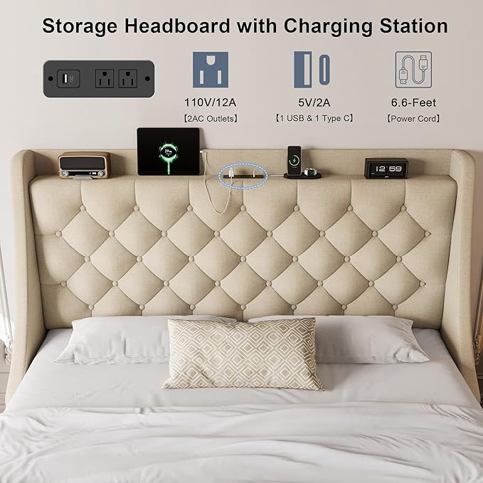 Full Size Upholstered Platform Bed Frame with 4 Storage Drawers and Charging Station, Linen Button Tufted Wingback Headboard, Sturdy Wooden Support Slats, No Box Spring Needed, Beige