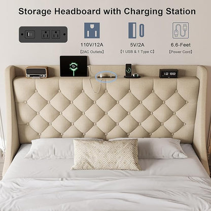 Queen Size Upholstered Platform Bed Frame with 4 Storage Drawers and Charging Station, Linen Button Tufted Wingback Headboard, Sturdy Wooden Support Slats, No Box Spring Needed, Beige