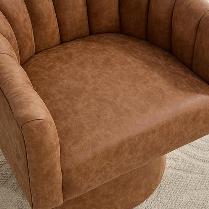 Swivel Accent Chair Set of 2,Faux Leather 360°Swivel Barrel Chair Upholstered Modern Living Room Chair, Overstuffed Reading Armchair for Bedroom,Vanity,Office-Brown