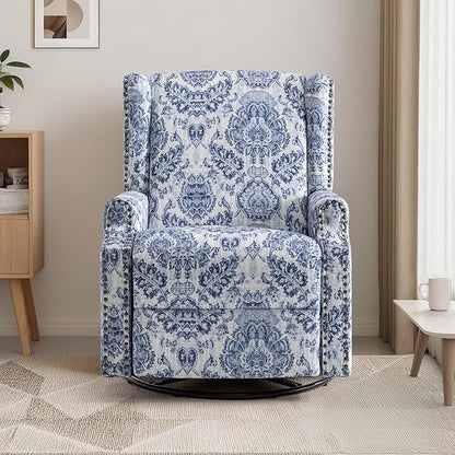 UIXE Swivel Rocker Manual Recliner Chair, Wingback Swivel Glider Fabric Nursery Reclining Sofa Chair, High Back Upholstered Arm Chair for Living Room Bedroom - Navy Floral