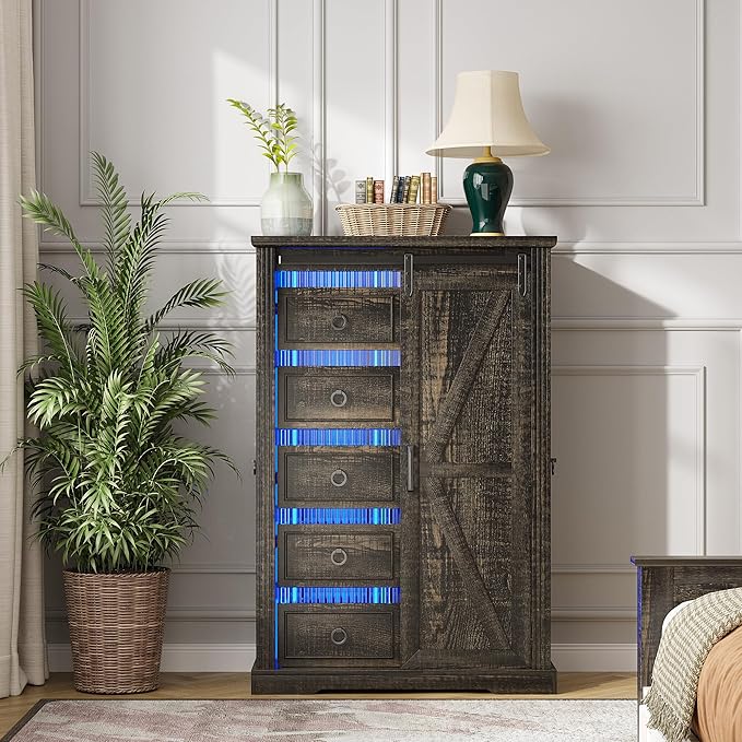 5 Drawers Dresser for Bedroom w/Sliding Barn Door, Farmhouse Wood Dresser with LED Lights, Chest of Drawers Tall Dressers for Bedroom, Living Room, Hallway, Kids Room, Brown