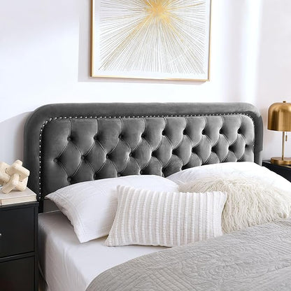 Tufted Upholstered Headboard,Button Solid Wood HeadBoards with Adjustable Height,Modern Performance Velvet Bed Head Boards,Easy Install&Nailhead (Gray, Twin)