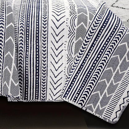 Lush Decor Hygge Geo Pattern Striped 3 Piece Quilt Bedding Set, King, Navy & White