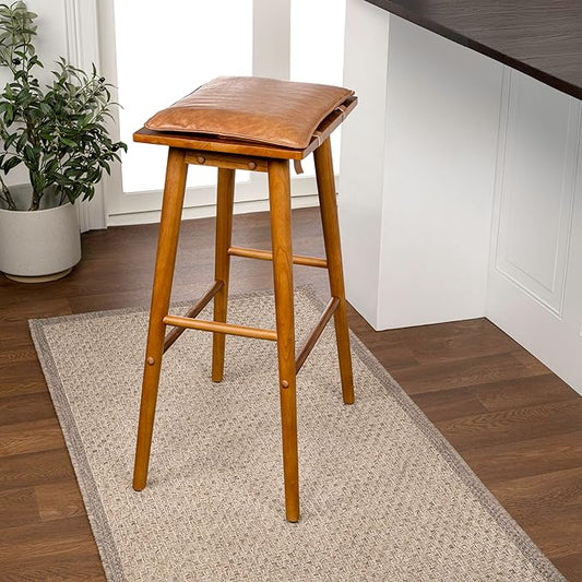 JONATHAN Y BSL2002A Peroni 30.5" MidCentury Classic Saddle-Seat Solid Wood/Vegan Leather Backless Bar Stool for Home, Kitchen, Cafes and Resturants with Removeable Cushion, Chestnut Brown
