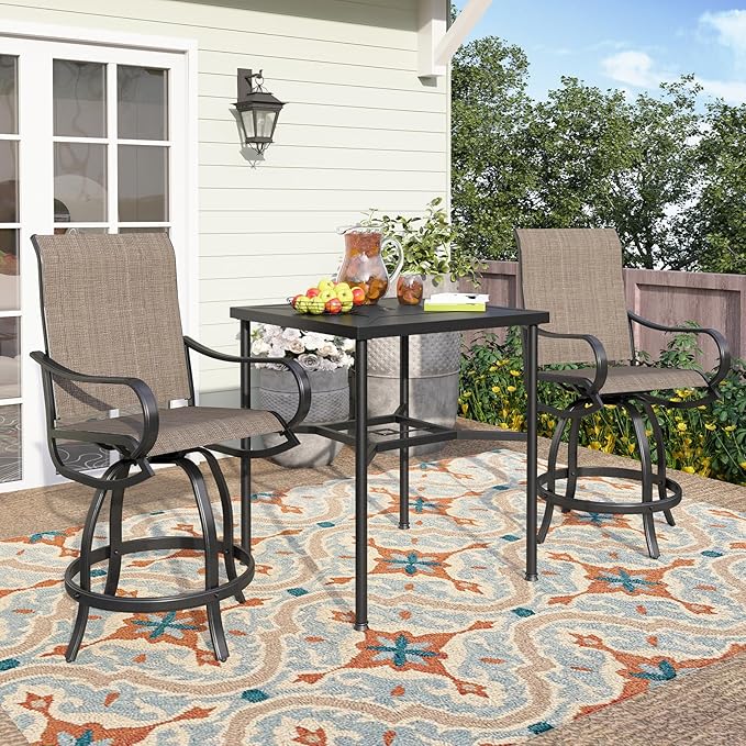PHI VILLA 3PCS Patio Bar Set, Metal Bar Height Table and 2 Counter Height Swivel Chairs with Textilene Fabric and Thickened Black Metal Frame,High Patio Furniture for Garden,Yard