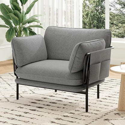 Modern Accent Chair for Living Room, Oversized Reading Chair with Solid Metal Legs, Upholstered Fabric Armchair with Side Pockets and 2 Pillows, Accent Chairs for Bedroom, Nursery, Blue Gray