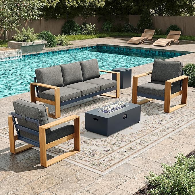 LayinSun 4 Pieces Aluminum Patio Furniture Set with Fire Pit Table, Oversized Seat with Hight Back, Outdoor Conversation Sets for Porch, Balcony, Deck