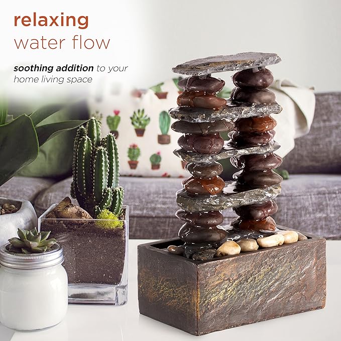 Alpine Corporation TT8002 Indoor/Outdoor Tabletop Stacked Rocks Eternity Fountain, Modern Rocks Tabletop Fountain 12", Brown
