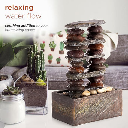 Alpine Corporation TT8002 Indoor/Outdoor Tabletop Stacked Rocks Eternity Fountain, Modern Rocks Tabletop Fountain 12", Brown