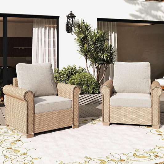 Patio Furniture Set 2 pcs, Rattan Outdoor Chairs with 5.5” Thick Waterproof Cushions, All Weather Wicker Conversation Set for Garden Backyard Deck, Beige