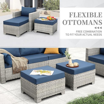 WAROOM Patio Furniture Set 6 Piece Grey Wicker Outdoor Furniture Patio Sectional Sofa Couch PE Rattan Conversation Sets with Fire Pit Table, Blue Cushion