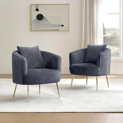 Art Leon Accent Chair Set of 2, Modern Velvet Upholstered Armchairs, Living Room Side Chairs Barrel Chairs with Golden Metal Legs, Gray