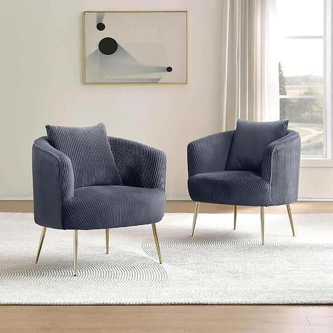 Art Leon Velvet Accent Chair, Upholstered Modern Single Sofa Chair, Comfy Barrel Chair with Golden Metal Legs for Living Room Bedroom, Gray