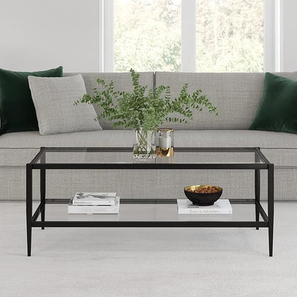 Henn&Hart 45" Wide Rectangular Coffee Table with Glass Shelf in Blackened Bronze, Modern coffee tables for living room, studio apartment essentials