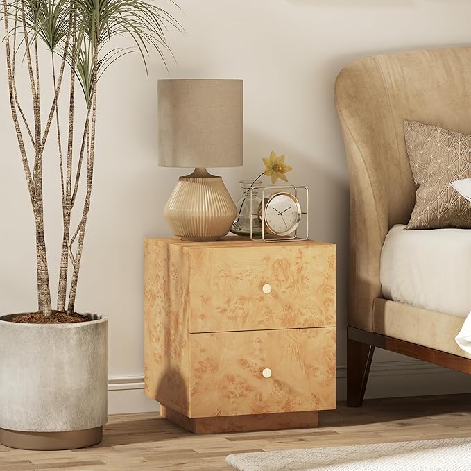 Modern 2 Drawer Nightstand Set of 2 with Elegant Burl Finish, Wood Bedside Table with Storage, Stylish Accent Side Table for Bedroom, Home Décor and Small Space Furniture