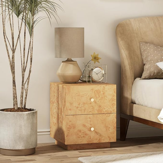 Modern 2 Drawer Nightstand Set of 2 with Elegant Burl Finish, Wood Bedside Table with Storage, Stylish Accent Side Table for Bedroom, Home Décor and Small Space Furniture