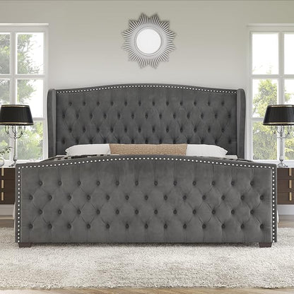 AMERLIFE King Size Platform Bed Frame, Velvet Upholstered Bed with Deep Button Tufted & Nailhead Trim Wingback Headboard/No Box Spring Needed/Grey