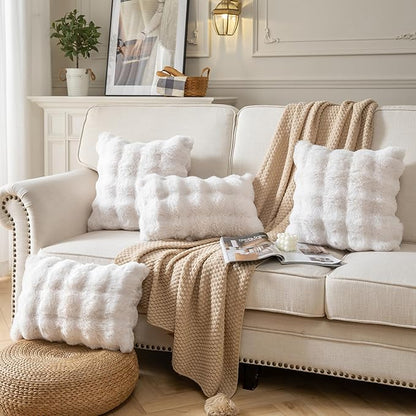 Pack of 2 Thick Plush Throw Pillow Covers Fluffy Wave Faux Fur Decorative Cushion Covers Soft Wool Pillowcase for Sofa Couch Livingroom 16x16 Inch White