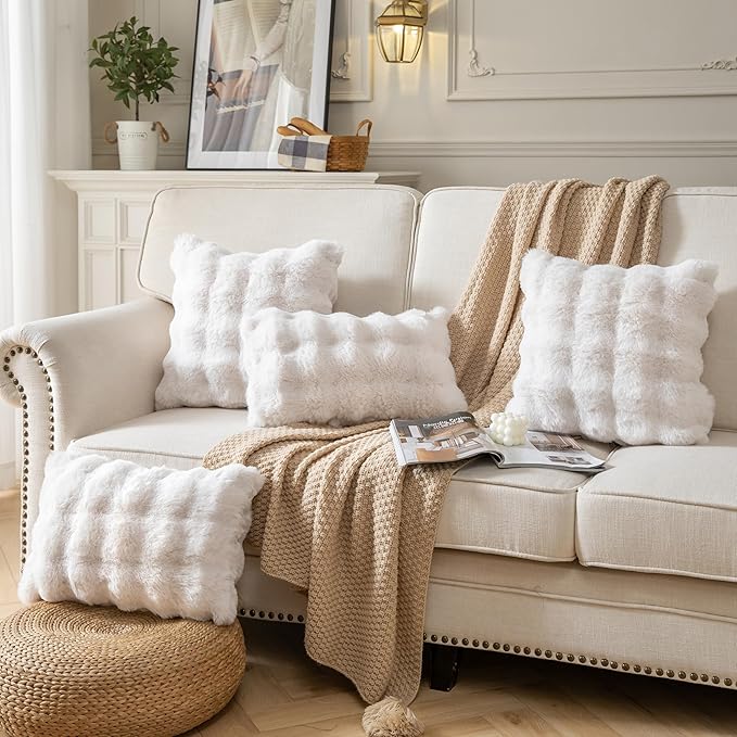 Pack of 2 Thick Plush Throw Pillow Covers Fluffy Wave Faux Fur Decorative Cushion Covers Soft Wool Pillowcase for Sofa Couch Livingroom 20x20 Inch White