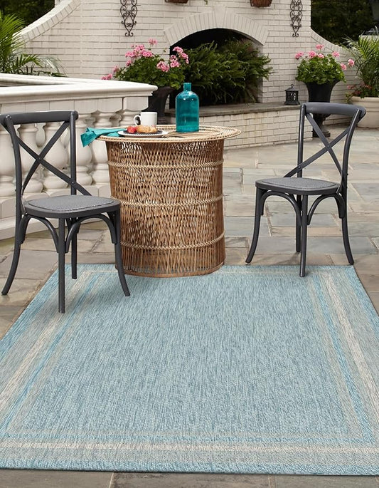 Unique Loom Outdoor Border Collection Area Rug - Soft Border (6' 1" x 9' Rectangle, Aquamarine/ Ivory)