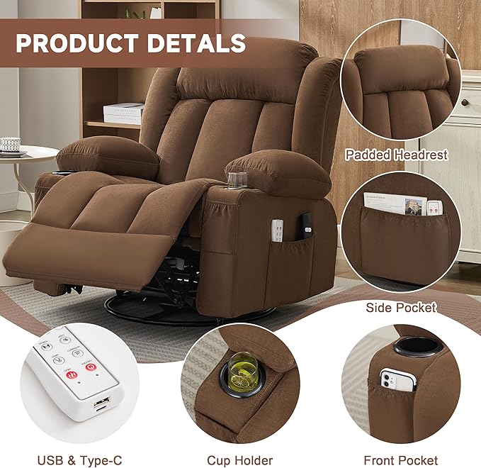 Power Swivel Rocker Recliner Chair with Heat and Massage, USB and Type-C Charging Port, Electric Glider Rocking Chairs, Oversized Recliner Chairs for Adults(Fabric, Brown)