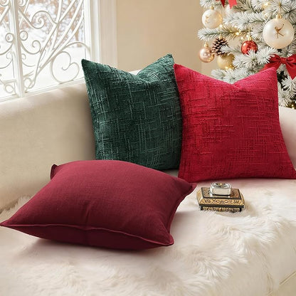 decorUhome Christmas Red Chenille Throw Pillow Covers 22x22 Set of 2 Thick Textured Slubby Couch Pillow Covers Farmhouse Accent Modern Neutral Decorative Pillow Cases for Bed Sofa Living Room