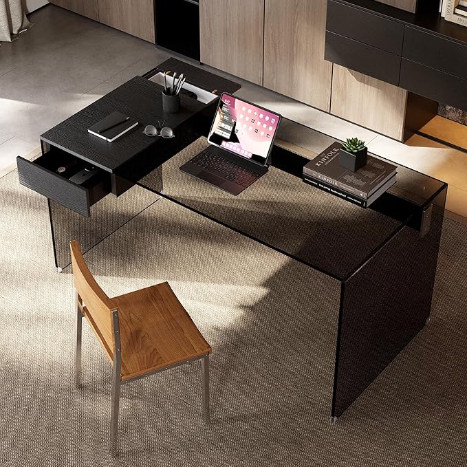 53.14" Modern Tempered Glass Executive Desk with Drawer, Black Wood Finish and Tempered Glass Legs – Minimalist Stylish Workstation Table for Home Office
