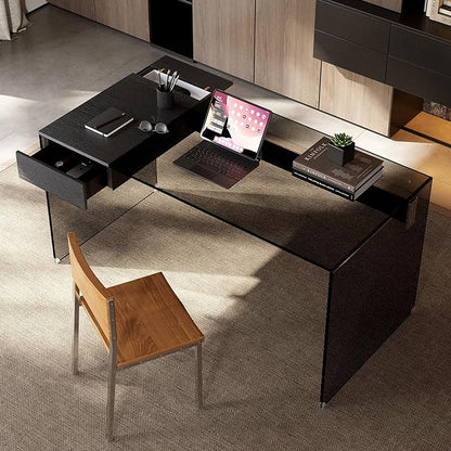 53.14" Modern Tempered Glass Executive Desk with Drawer, Black Wood Finish and Tempered Glass Legs – Minimalist Stylish Workstation Table for Home Office