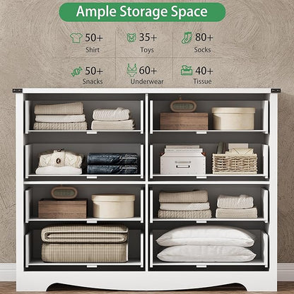 Dresser for Bedroom with 8 Drawers, 54" Wide Wood Chest of Drawers with Deep Drawers & Mental Handle, Modern Dresser TV Stand, Wooden Closet Storage Organizer for Living Room, Hallway, Entryway, White