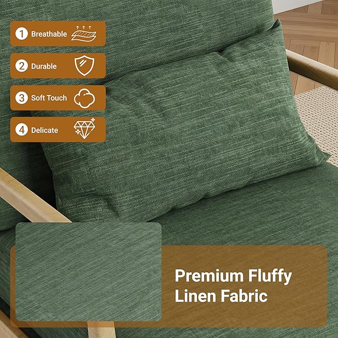 Claiks Mid-Century Modern Accent Chair, Living Room Armchair with Solid Wood Frame & Lumbar Pillow, Comfy Upholstered Lounge Chair for Bedroom, Office, Linen-Like Fabric, Green