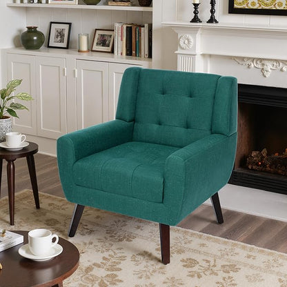Accent Chair, Mid-Century Modern Upholstered Armchair, Comfy Fabric Living Room Chairs Reading Chairs with Button Tufted Back & Solid Wood Legs for Bedroom, Office, Light Blue