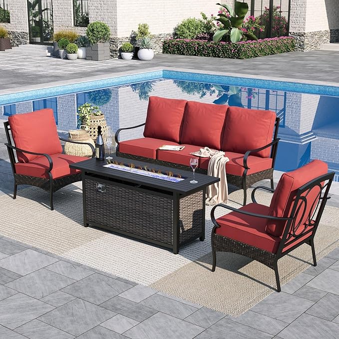 Sophia & William Patio Furniture Set with Fire Pit Table, 4 PCS Metal Outdoor Conversation Set with Fire Pit Table, 2 Sofa Chairs,3-Seater Couch for Outdoor Seating, Backyard, Porch(Red)