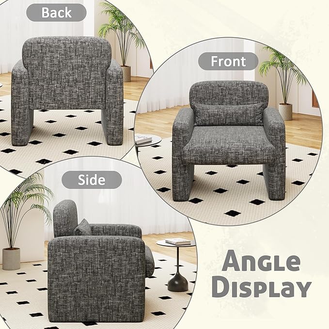 LSSPAID Modern Accent Chairs, Chenille Fabric Armchairs for Living Room, Comfy Upholstered Leisure Single Sofa Chair with Lumbar Pillow for Bedroom, Balcony, Office (Charcoal, Set of 2)