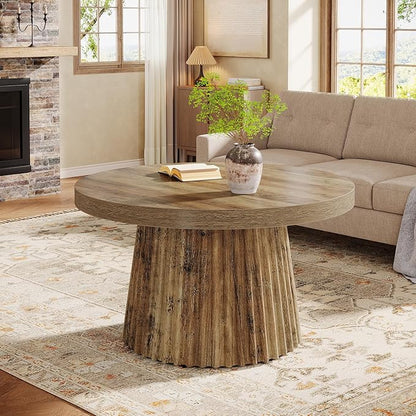 Tribesigns Coffee Table, 31.5" Small Farmhouse Round Coffee Tables with Fluted Drum Base, Mid Century Modern Boho Accent Center Table for Living Room, Apartment, Small Space, Brown