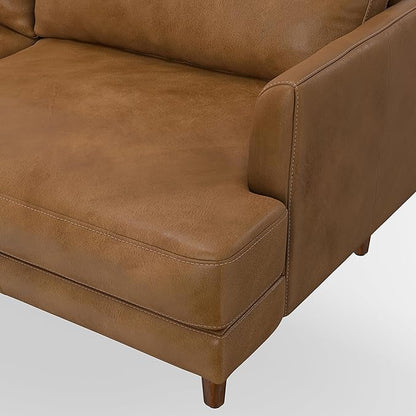 SIMPLIHOME Livingston 76-inch Wide Sofa in Caramel Brown Top Grain Genuine Leather, Handcrafted Mid-Century Modern Loveseat for Living Room, Compact 2-Seater with Feather-Wrapped Cushions