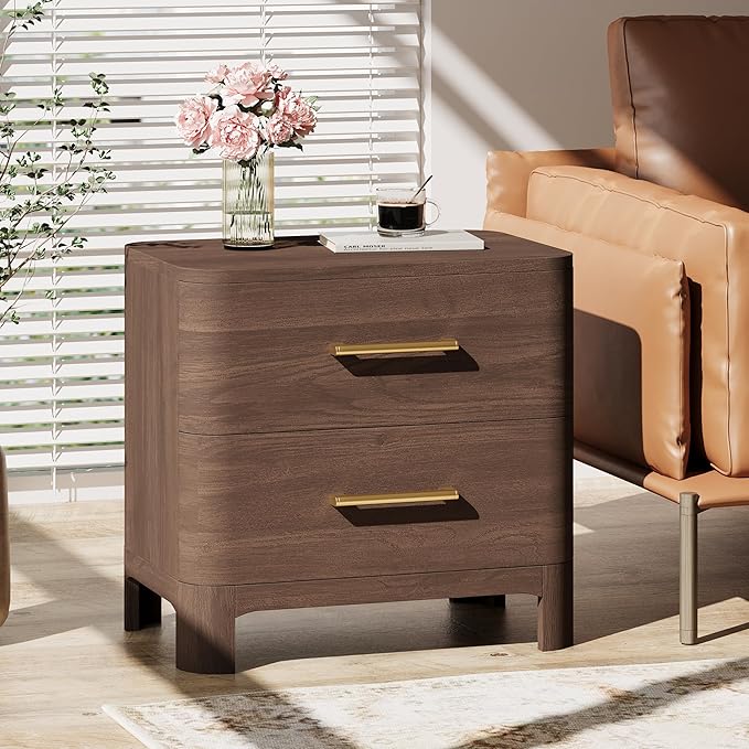Christopher Knight Home Egbert Modern Nightstand with Drawers, Wooden Small Night Stand with Rounded Corners Design, Bedside Table/End Table for Bedroom, Multipurpose Storage Cabinet, Brown