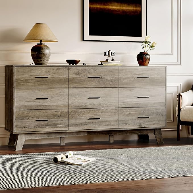 Dresser for Bedroom with 9-Drawer, 59" Wide Modern Chest of Drawers with Metal Handles, X-Shape Base & Adjustable Center Leg, Anti-Tip Closet Organizers and Storage