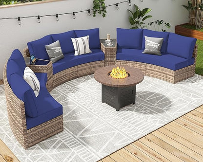 Patio Furniture Sets, 6 Piece Half-Moon Sectional Round Sofa Set, Outdoor Patio Furniture with Cushions for Beach, Pool, Balcony, Blue