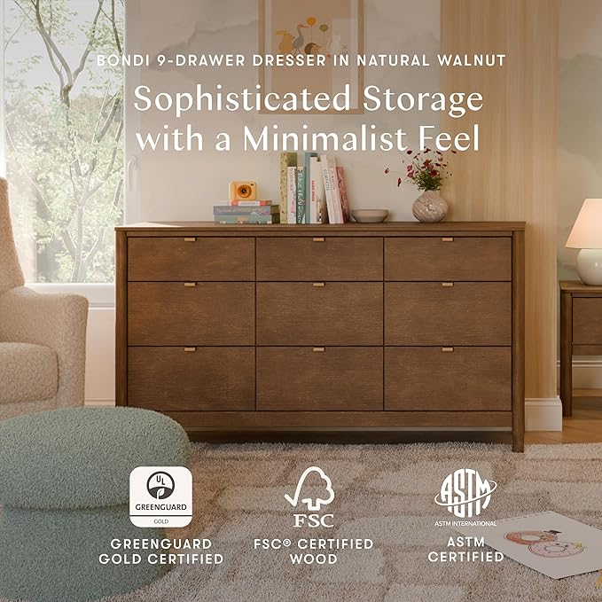 Babyletto Bondi 9-Drawer Baby Dresser for Nursery - GREENGUARD Gold Certified - Wooden Chest of Drawers for Kids, Boys & Girls - Assembled Sustainable Wood Kids Dresser for Bedroom - Natural Walnut