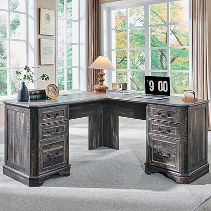 T4TREAM L Shaped Desk with Drawers,59" Farmhouse Wood Home Office Executive Desk,Charging Station,File Drawer, Storage Cabinet,Computer Desk for Work and Study (Dark Rustic Oak)