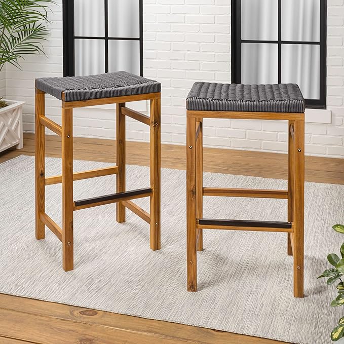 JONATHAN Y BSL1201B-SET2 Armand 30" Modern Coastal Backless Acacia Wood Outdoor Bar Stool with Woven Rope Seat, for Pool, Deck, Poolside, Light Teak/Grey (Set of 2)