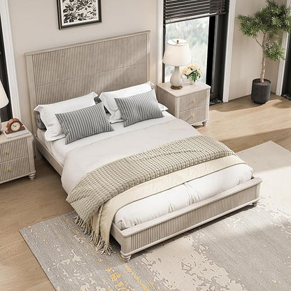 Queen Size Solid Wood Platform Bed Frame, Solid Wood Bed with 63.58" Headboard, Solid Wood Leg/No Box Spring Needed/Noise Free/Beige